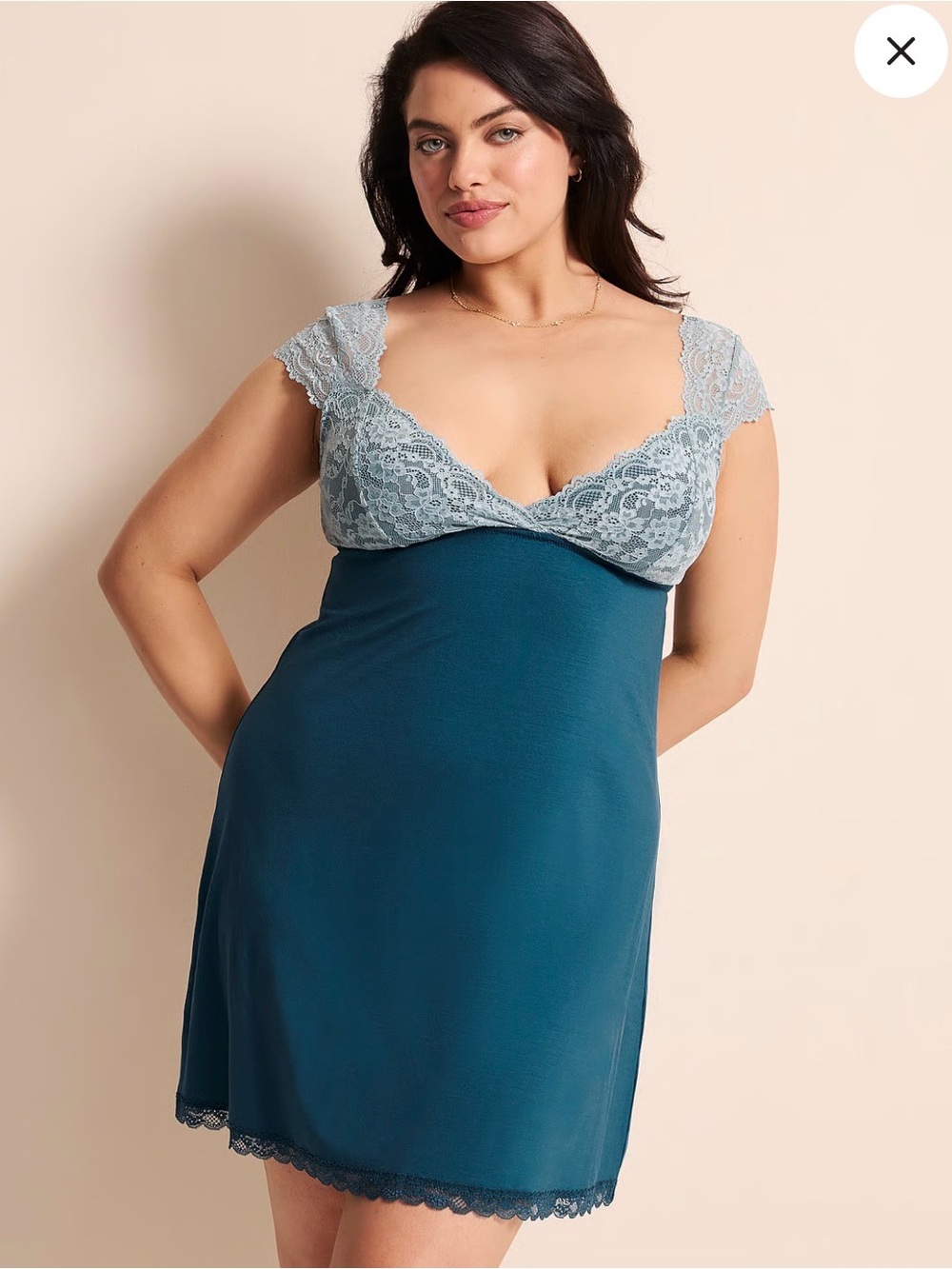 Adore Me Teal Chemise with Light Blue Lace Trim